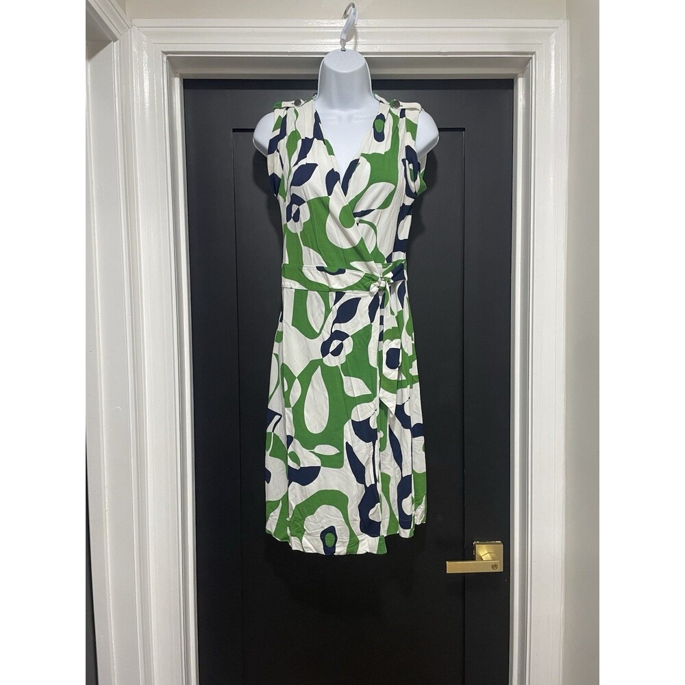 Banana Republic Wrap Dress White Blue Green Stretchy Geometric Sleeveless Sz XS
